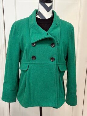 Old Navy Women's Kelly Green Double-Breasted Pea Coat Wool Blend Pleated Y2K